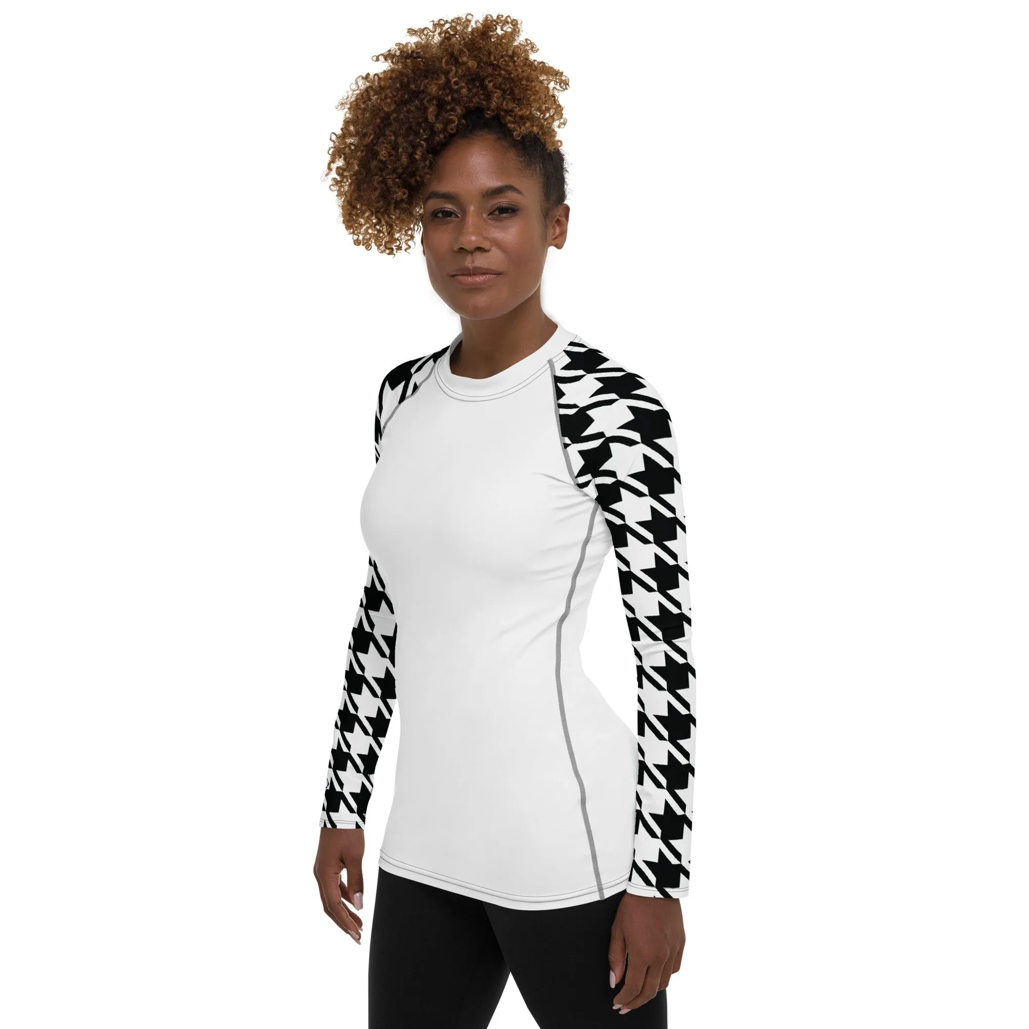 Classic Elegance: Women's Long Sleeve Houndstooth BJJ Rash Guard Blanc