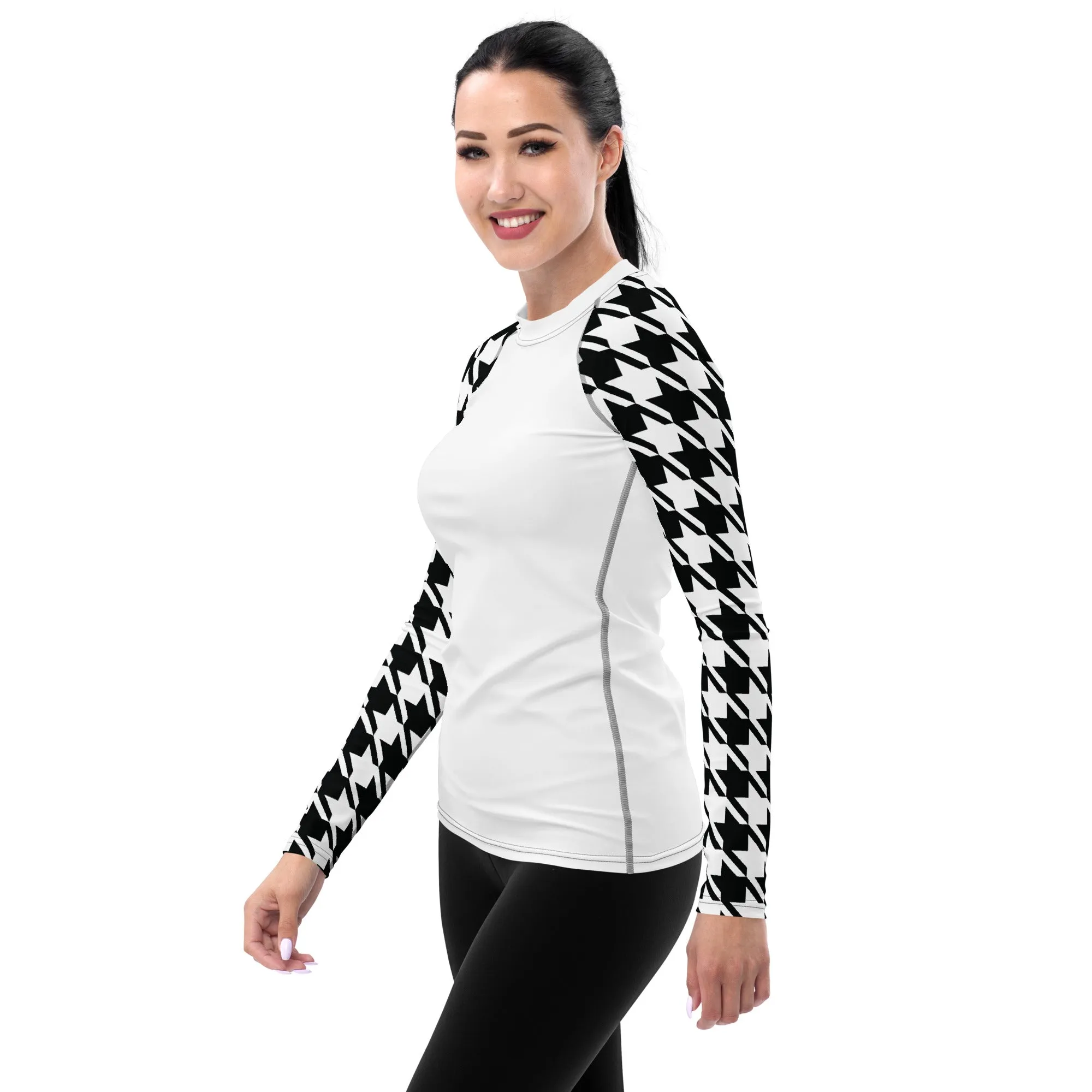 Classic Elegance: Women's Long Sleeve Houndstooth BJJ Rash Guard Blanc