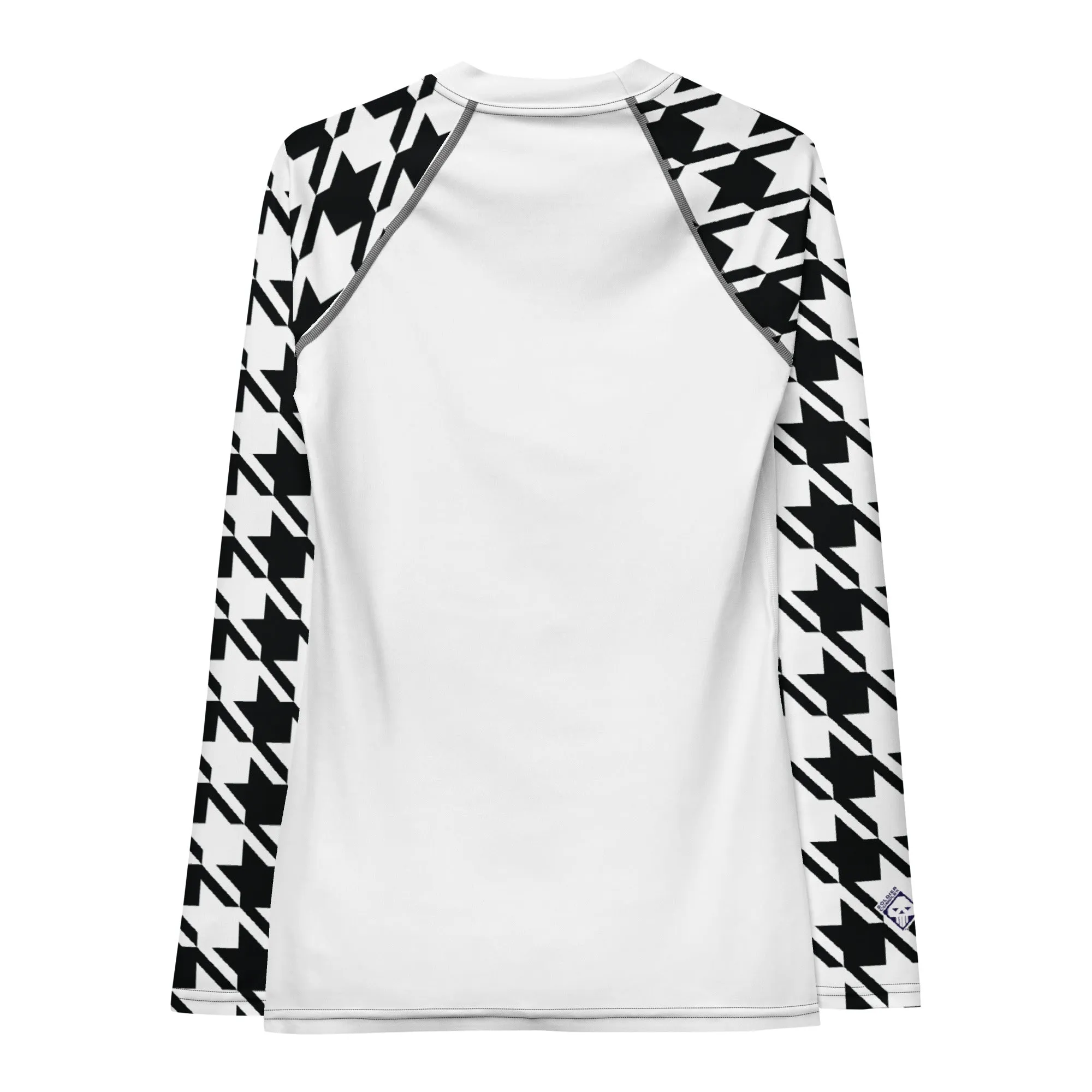 Classic Elegance: Women's Long Sleeve Houndstooth BJJ Rash Guard Blanc