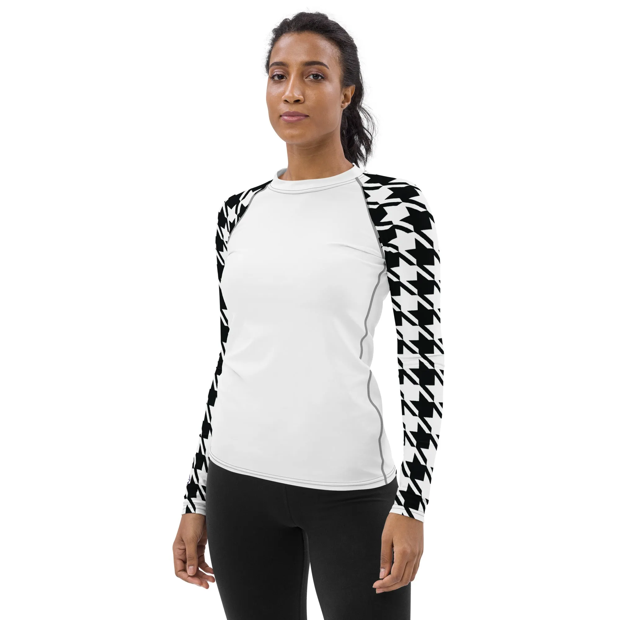 Classic Elegance: Women's Long Sleeve Houndstooth BJJ Rash Guard Blanc