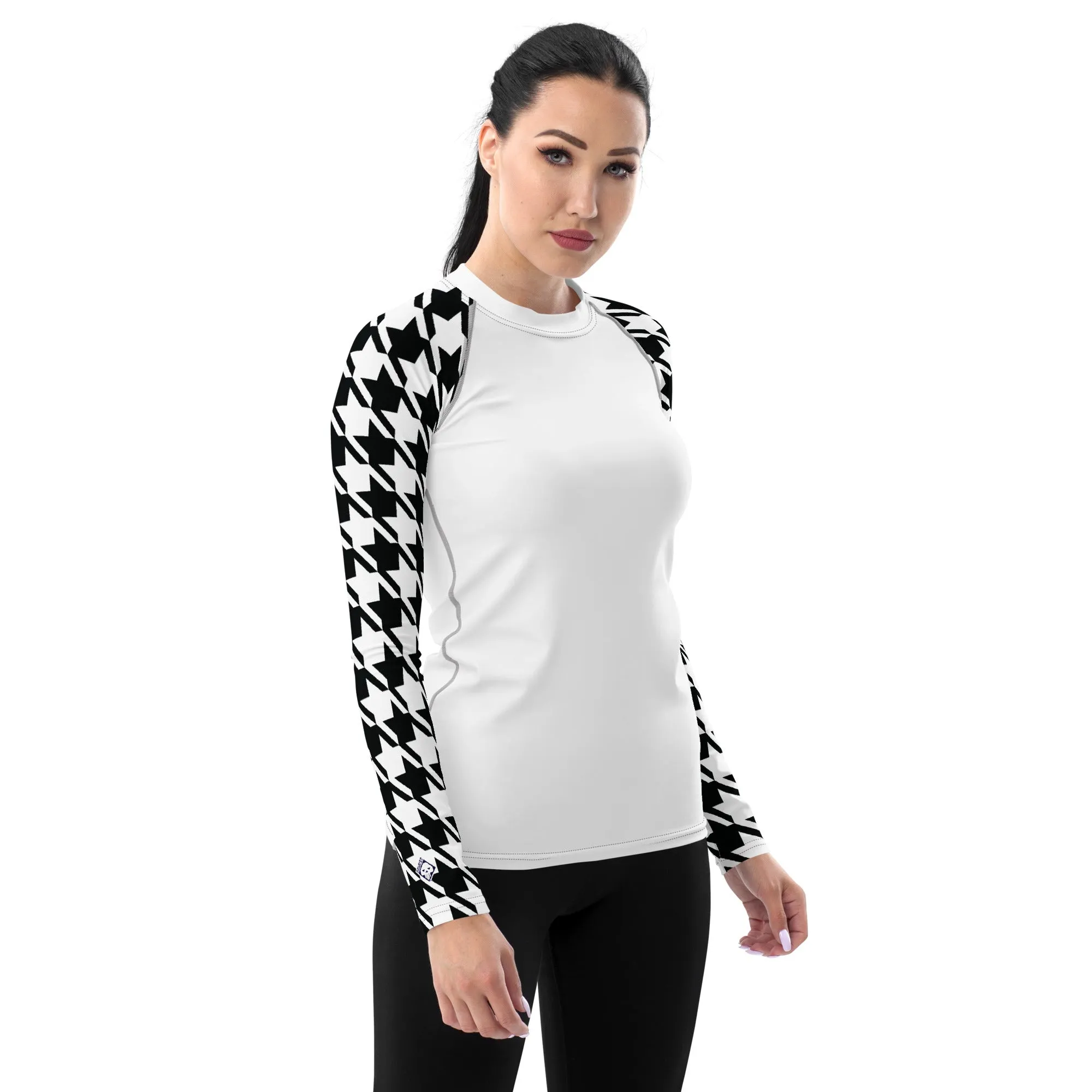 Classic Elegance: Women's Long Sleeve Houndstooth BJJ Rash Guard Blanc