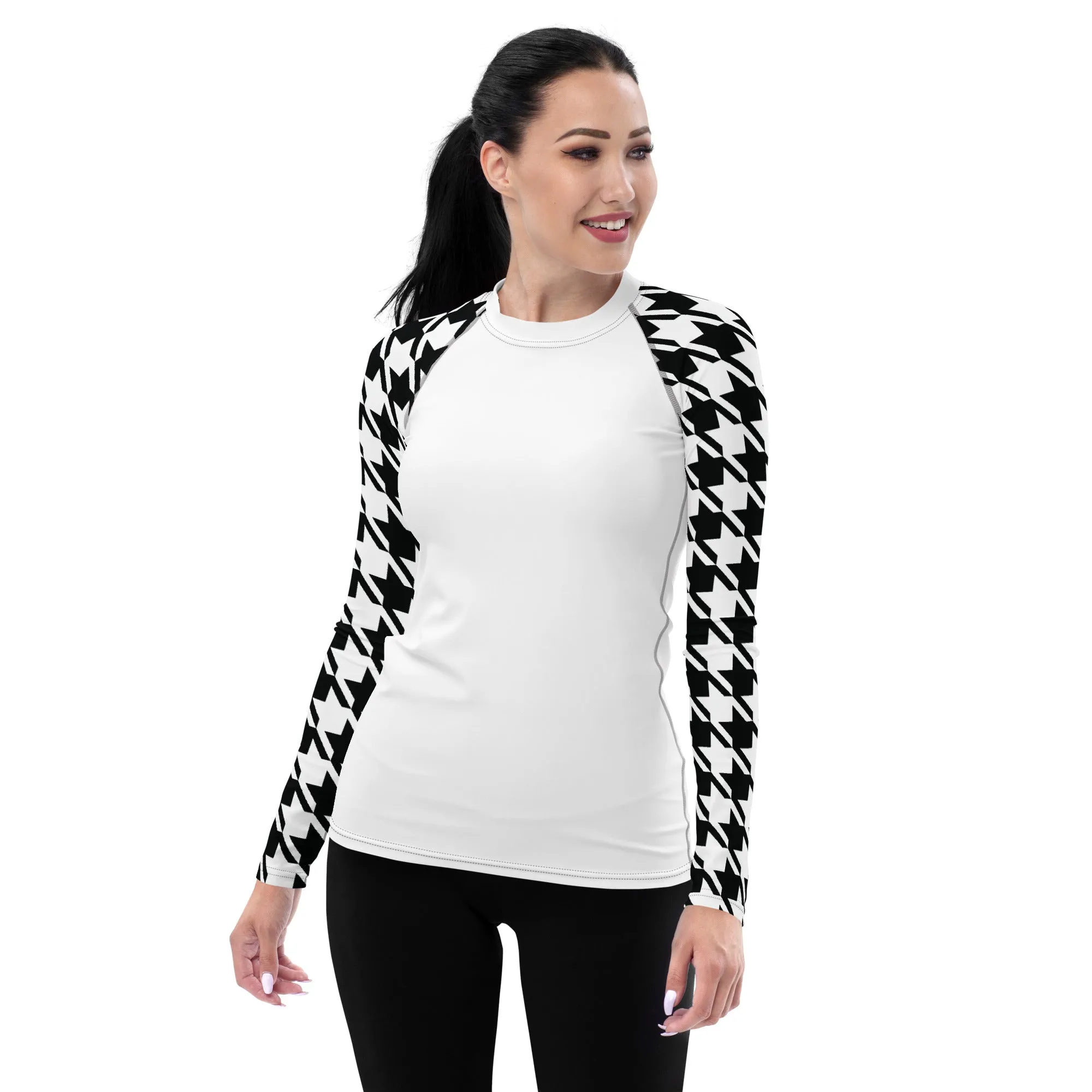 Classic Elegance: Women's Long Sleeve Houndstooth BJJ Rash Guard Blanc