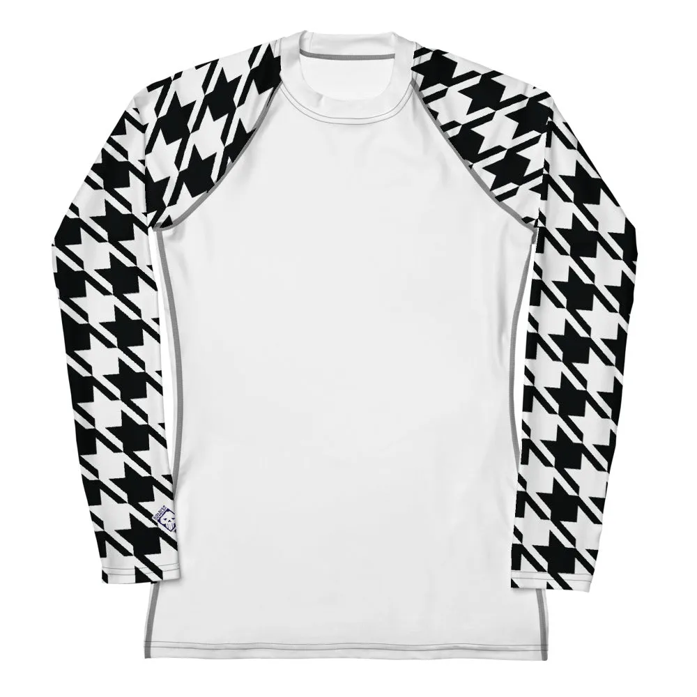 Classic Elegance: Women's Long Sleeve Houndstooth BJJ Rash Guard Blanc