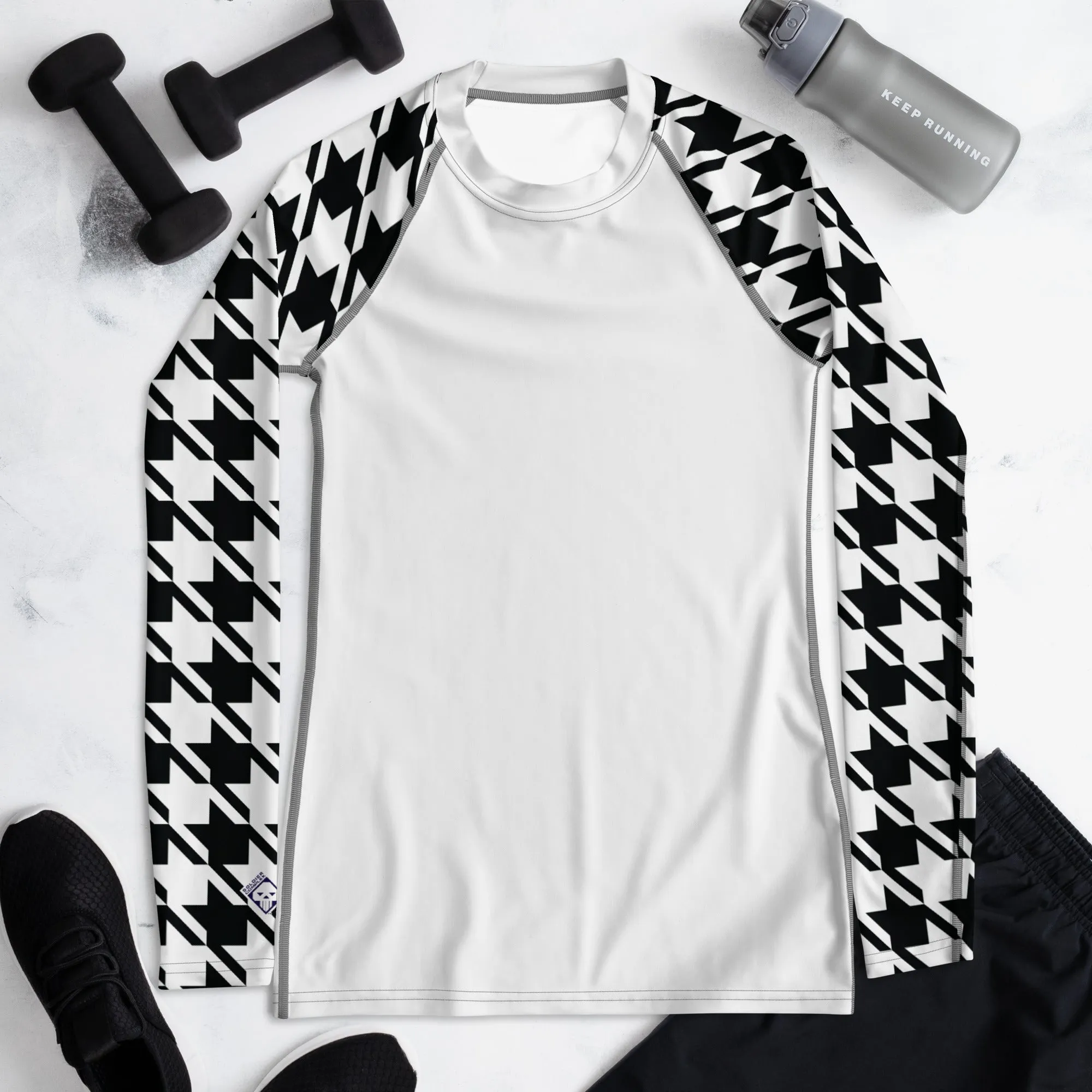 Classic Elegance: Women's Long Sleeve Houndstooth BJJ Rash Guard Blanc