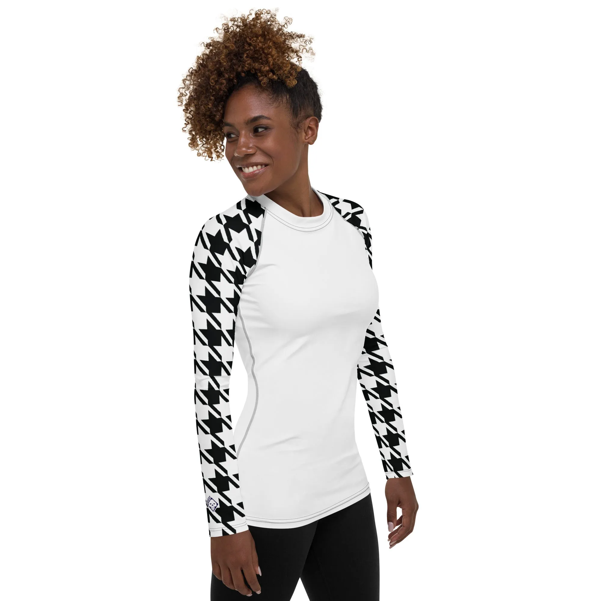 Classic Elegance: Women's Long Sleeve Houndstooth BJJ Rash Guard Blanc