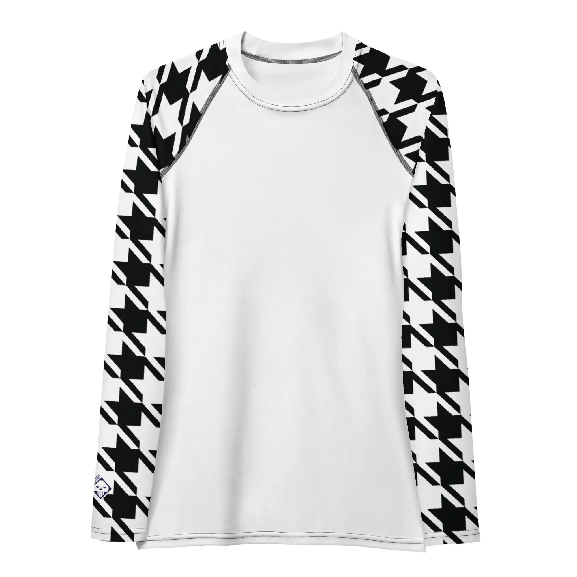 Classic Elegance: Women's Long Sleeve Houndstooth BJJ Rash Guard Blanc