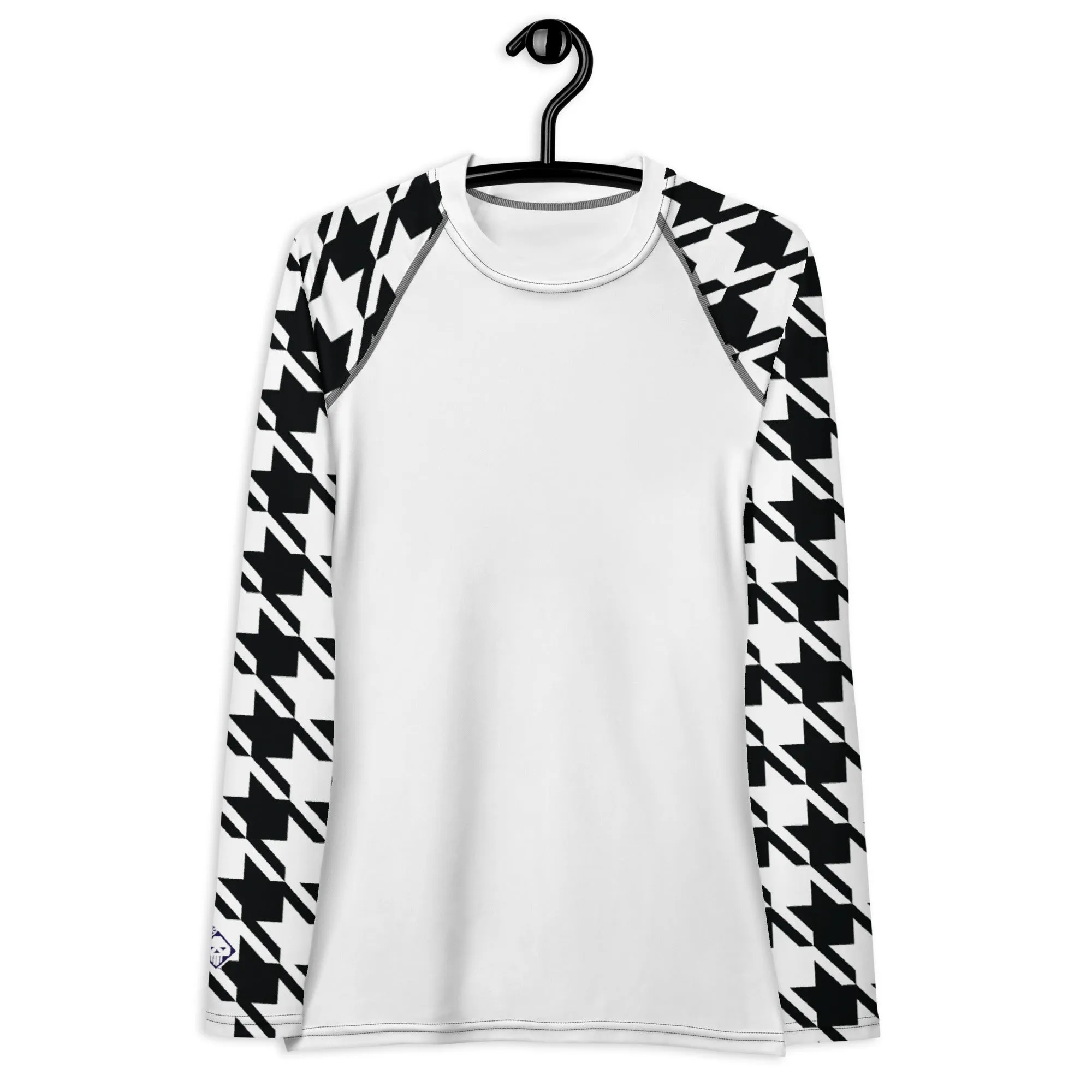 Classic Elegance: Women's Long Sleeve Houndstooth BJJ Rash Guard Blanc