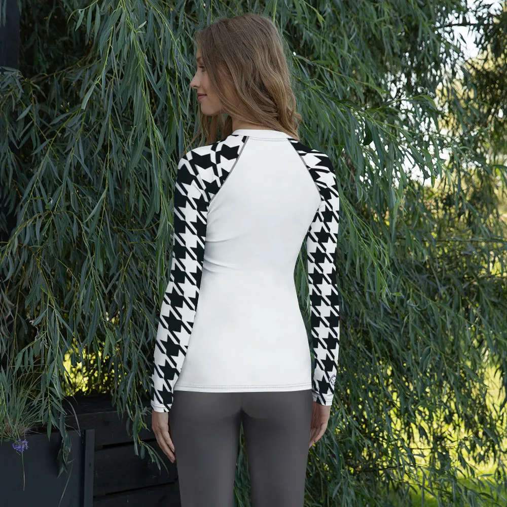 Classic Elegance: Women's Long Sleeve Houndstooth BJJ Rash Guard Blanc