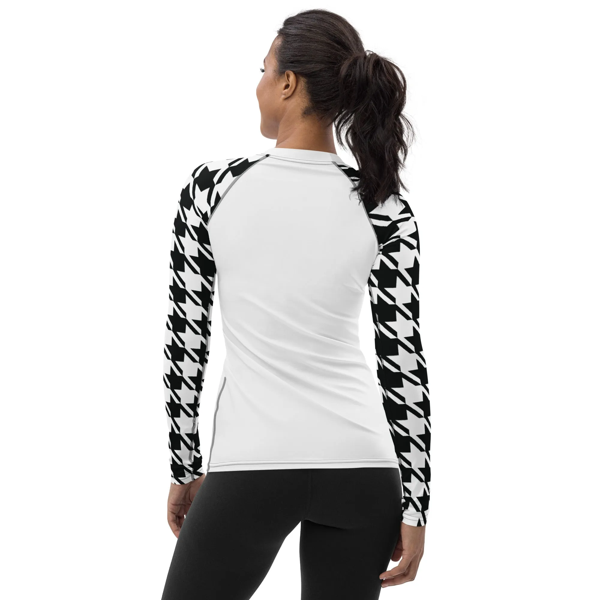 Classic Elegance: Women's Long Sleeve Houndstooth BJJ Rash Guard Blanc