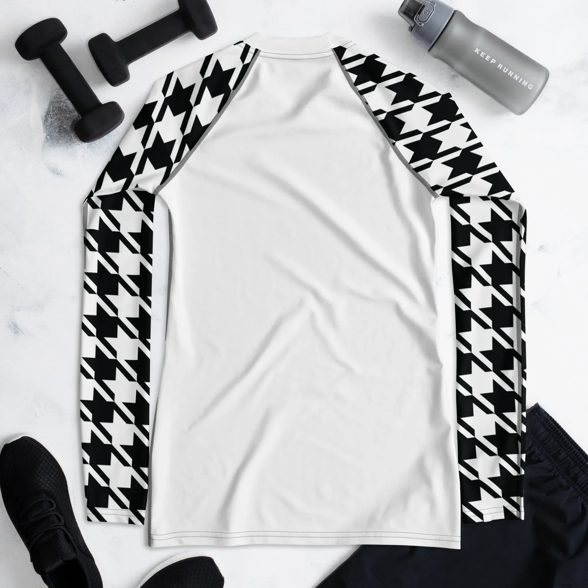 Classic Elegance: Women's Long Sleeve Houndstooth BJJ Rash Guard Blanc