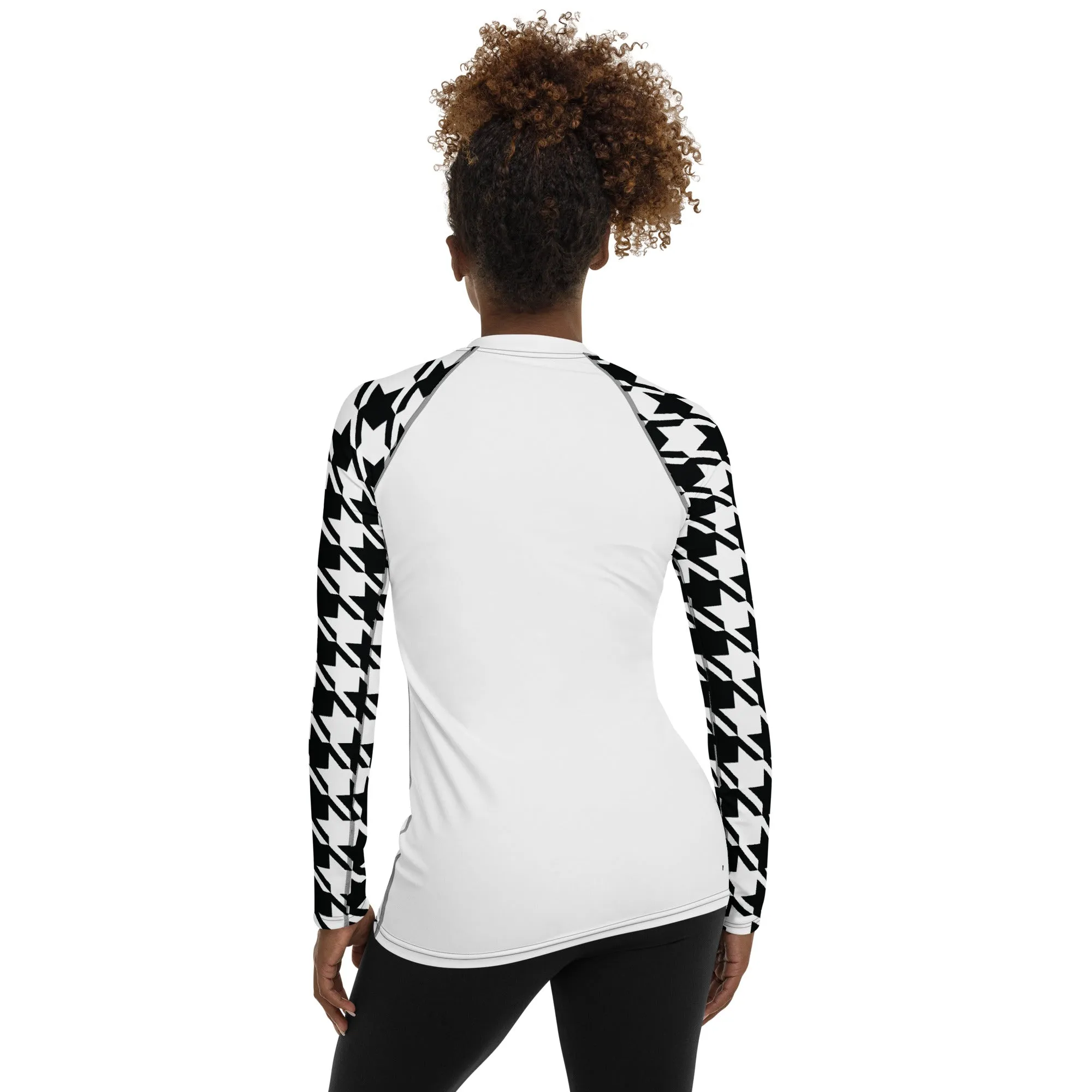 Classic Elegance: Women's Long Sleeve Houndstooth BJJ Rash Guard Blanc