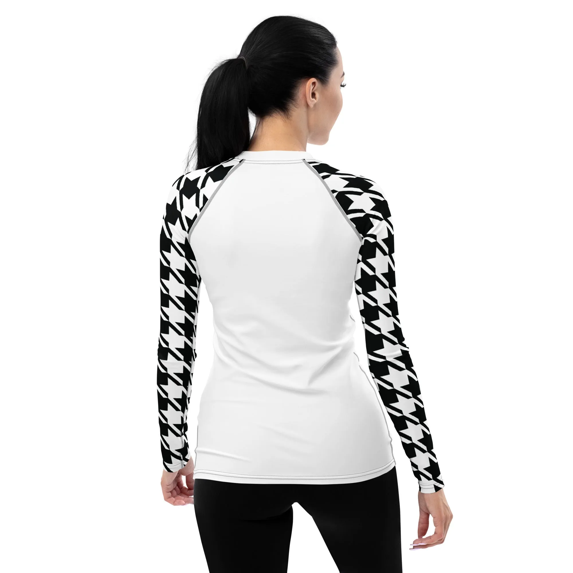 Classic Elegance: Women's Long Sleeve Houndstooth BJJ Rash Guard Blanc