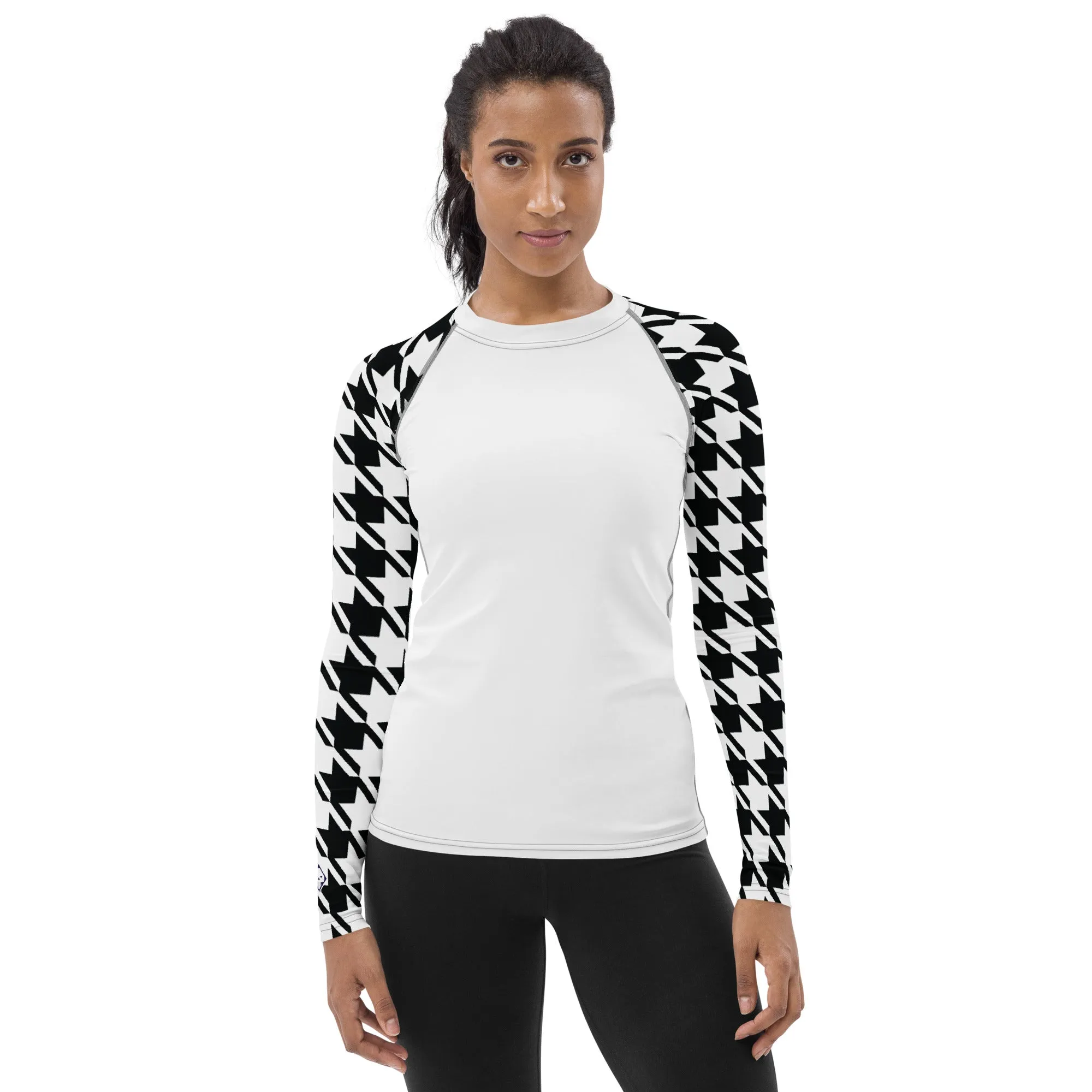 Classic Elegance: Women's Long Sleeve Houndstooth BJJ Rash Guard Blanc