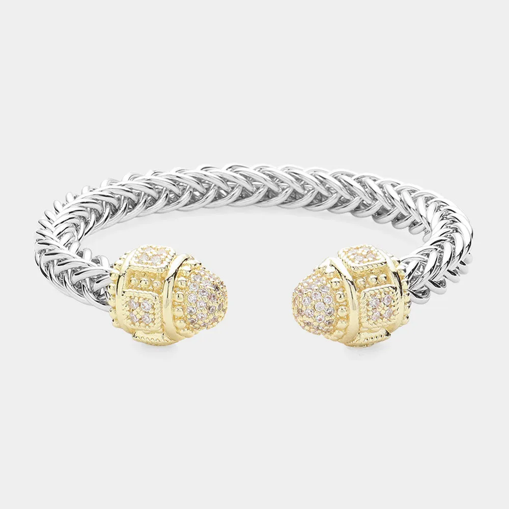 Clear CZ Stone Tip Textured Metal Cuff Bracelet