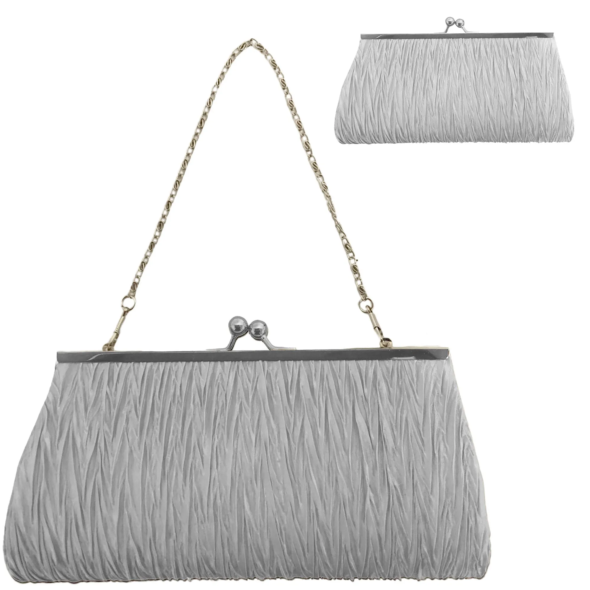 CLEARANCE PLEATED EVENING BAG IN SILVER (CASE OF 48 - $1.50 / PIECE)  Wholesale Silver Pleated Evening Bag SKU: EB1020-PLEATED-SIL-48