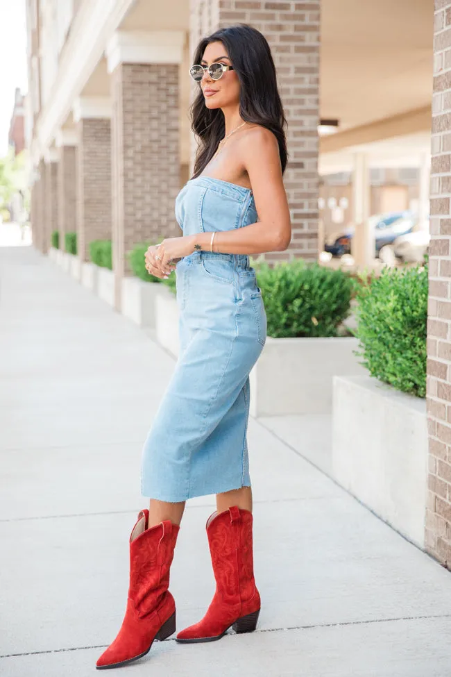 Crazy Over You Light Wash Denim Strapless Midi Dress