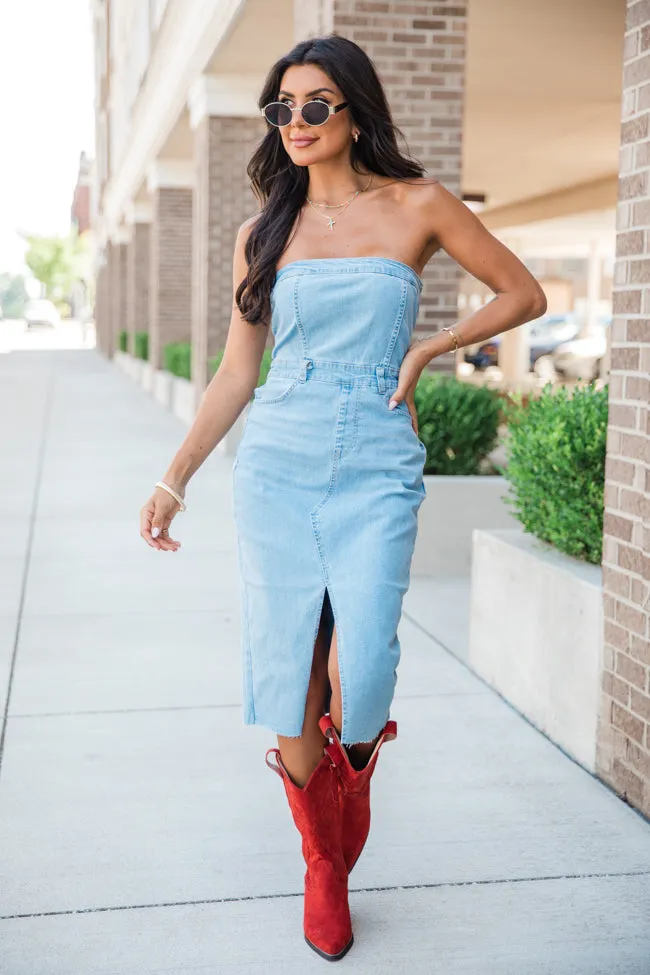 Crazy Over You Light Wash Denim Strapless Midi Dress