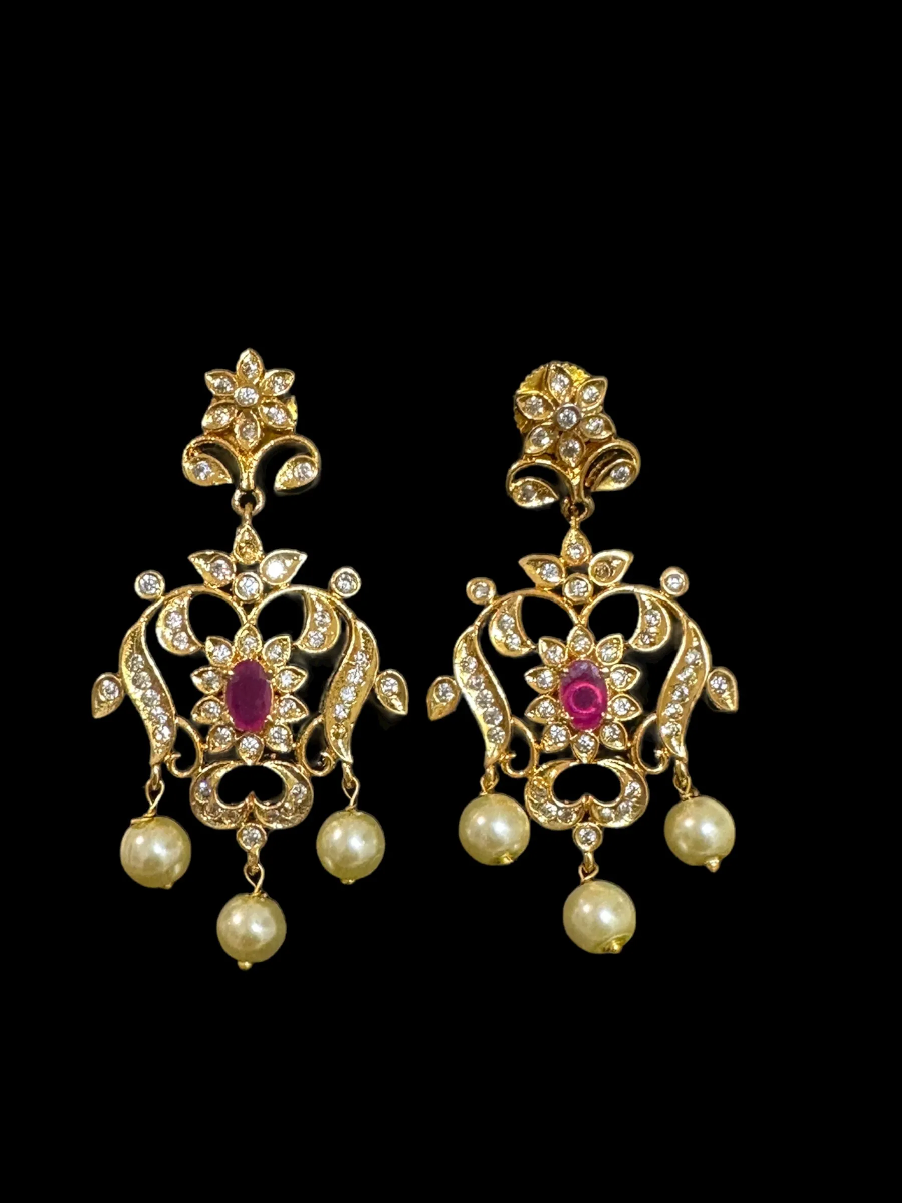 DNS107 Cz necklace set in ruby with golden pearls ( READY TO SHIP )