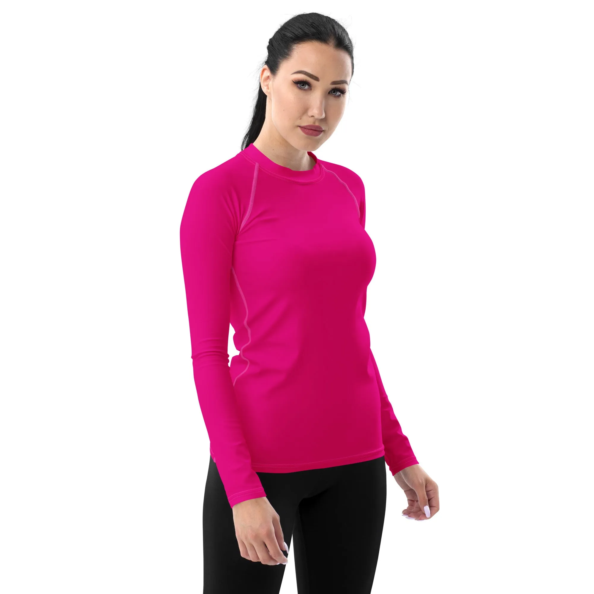 Elegant Essentials: Long Sleeve Solid Color Rash Guard for Women - Hollywood Cerise