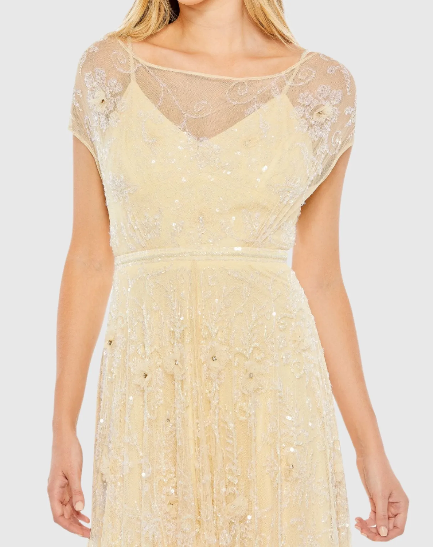 Embellished Illusion Cap Sleeve Gown