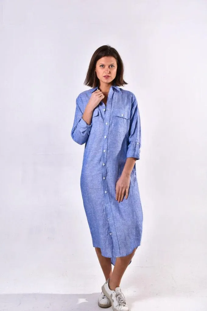 Emily Phillips - Blue Linen Midi Shirtdress