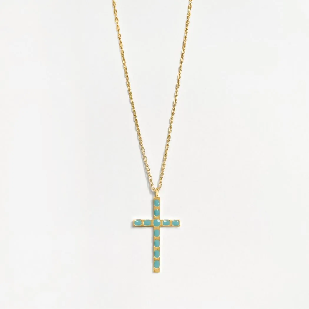 Enamel Cross Pendant (Aquamarine) - Gold