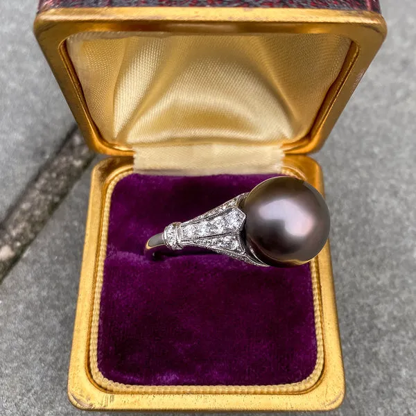 Estate Black Pearl & Diamond Ring