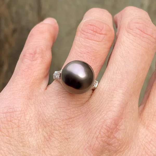 Estate Black Pearl & Diamond Ring