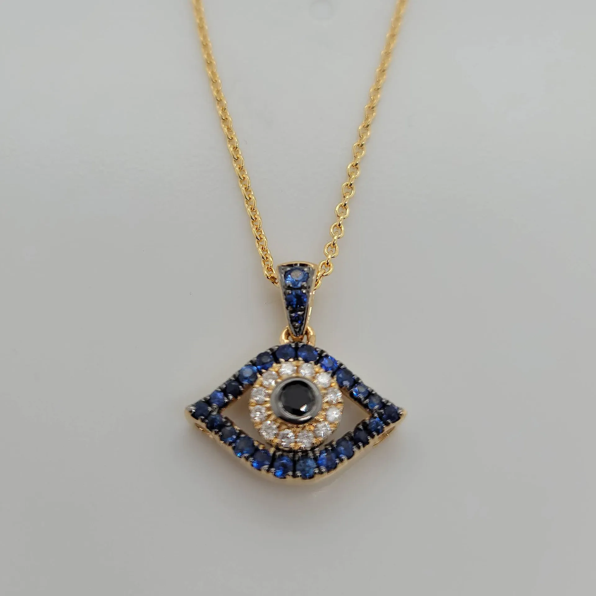 Evil Eye Mati Blue Sapphire, Diamond & Black Diamond Pendant Necklace 18K White Gold