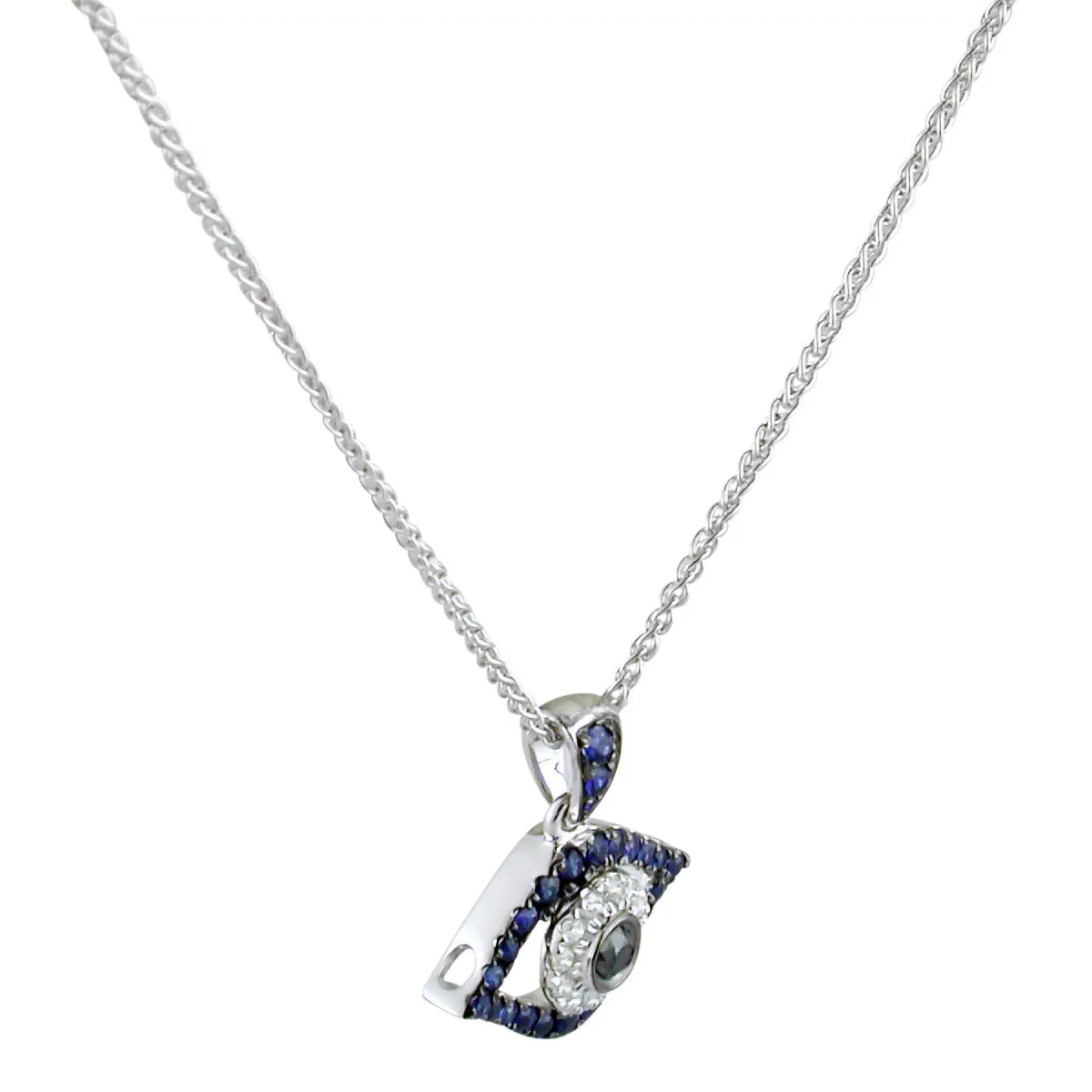 Evil Eye Mati Blue Sapphire, Diamond & Black Diamond Pendant Necklace 18K White Gold