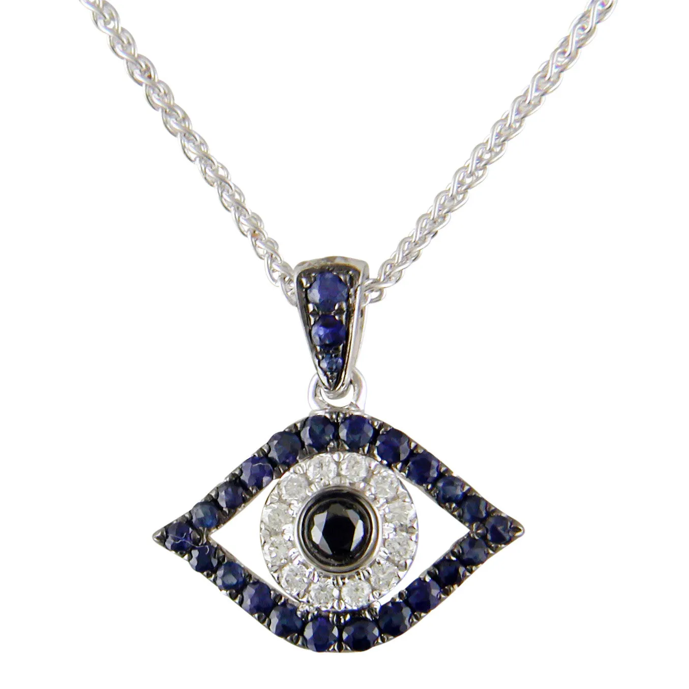 Evil Eye Mati Blue Sapphire, Diamond & Black Diamond Pendant Necklace 18K White Gold