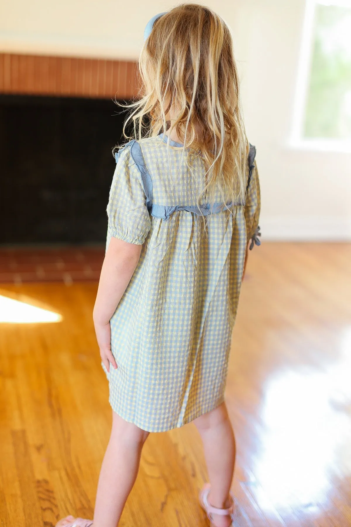 Explore More Collection - Charming Blue Gingham Elastic Tie Sleeve Dress