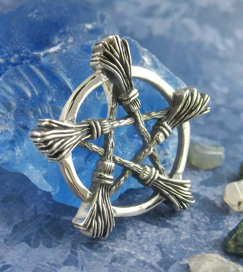 Five Brooms or Besoms Pentacle Pendant, Handmade