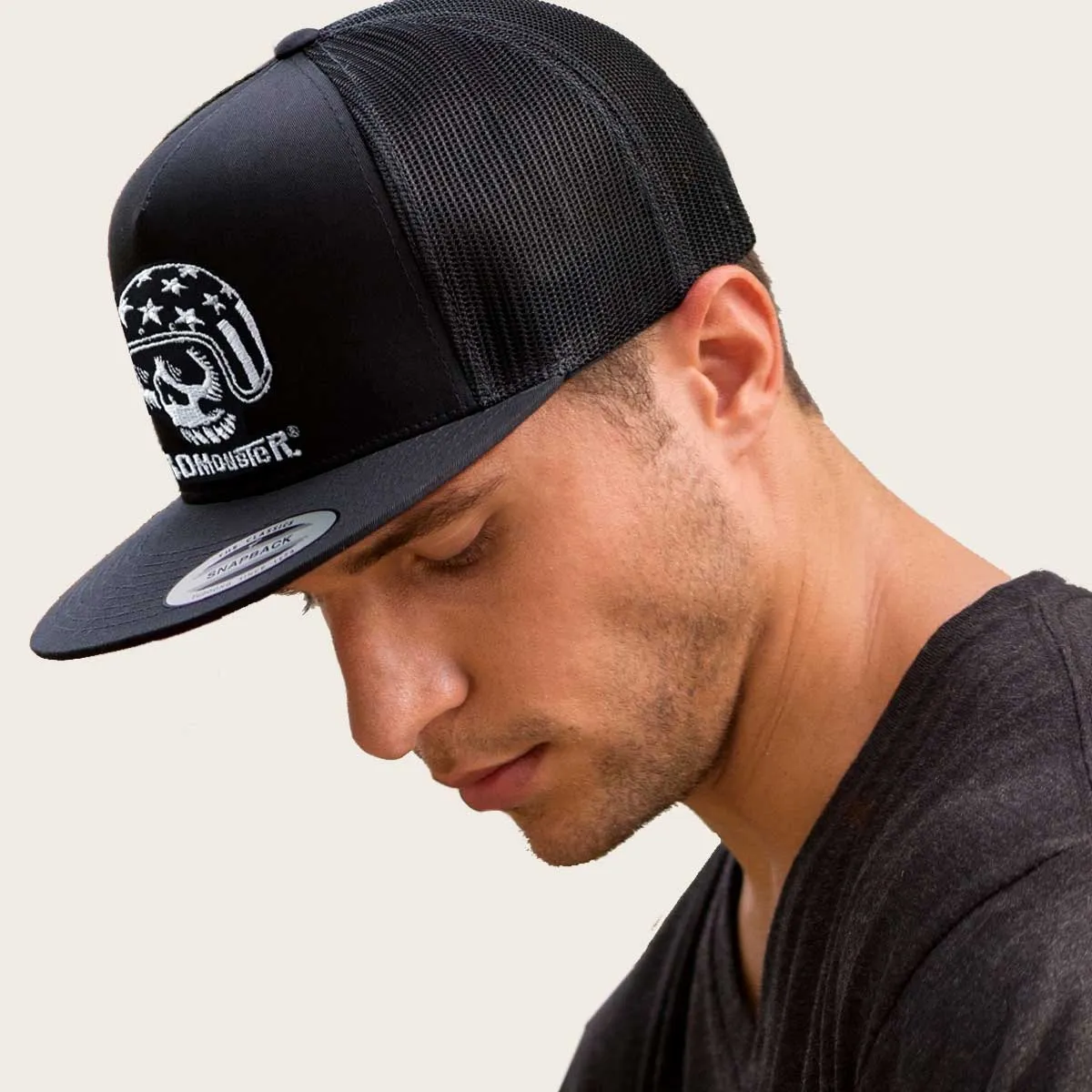 Flat Brim Snapback Motorcycle Trucker Hat "American Skull"