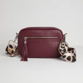 Florence Crossbody Bag in Burgundy with Light Pink Leopard Strap