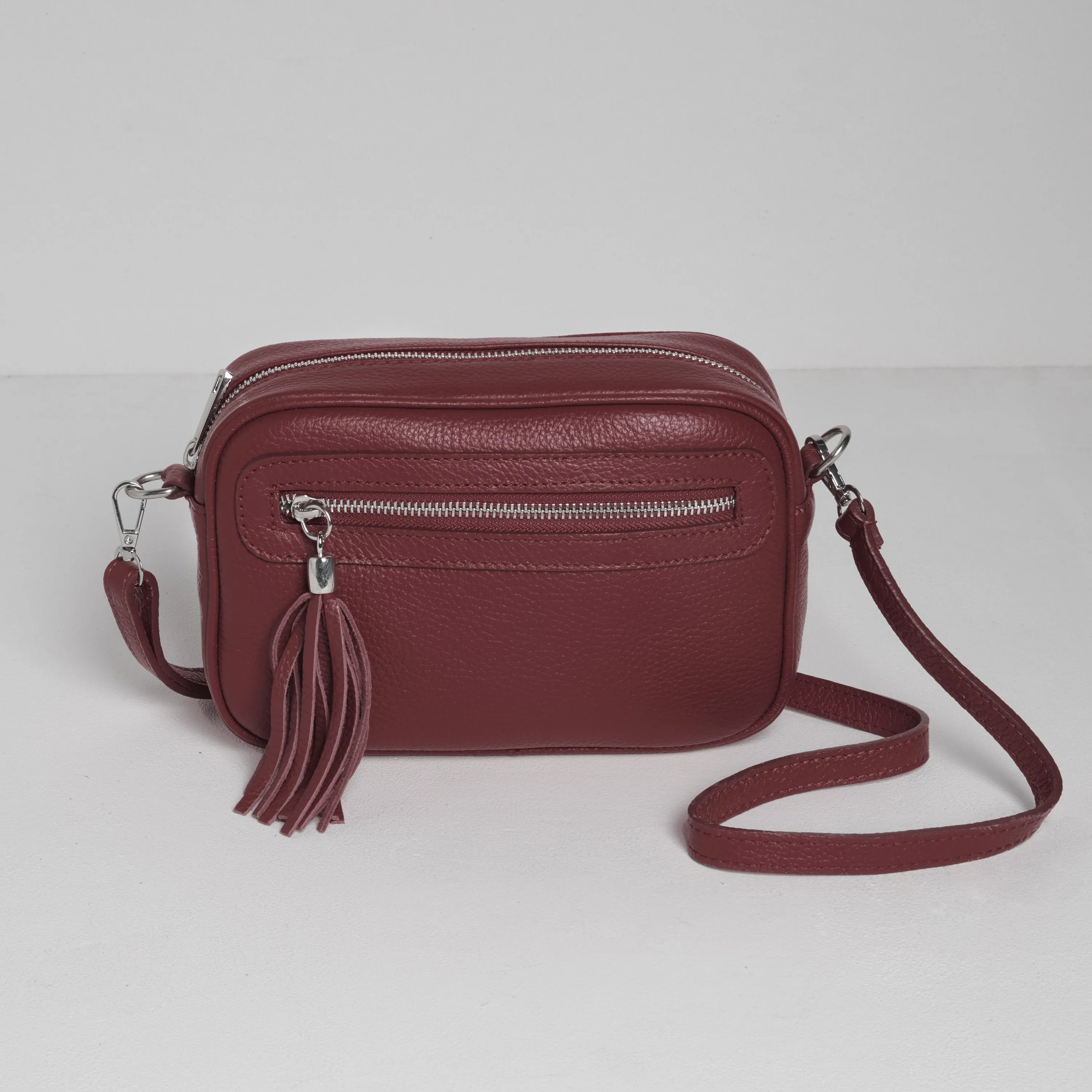 Florence Crossbody Bag in Burgundy with Light Pink Leopard Strap