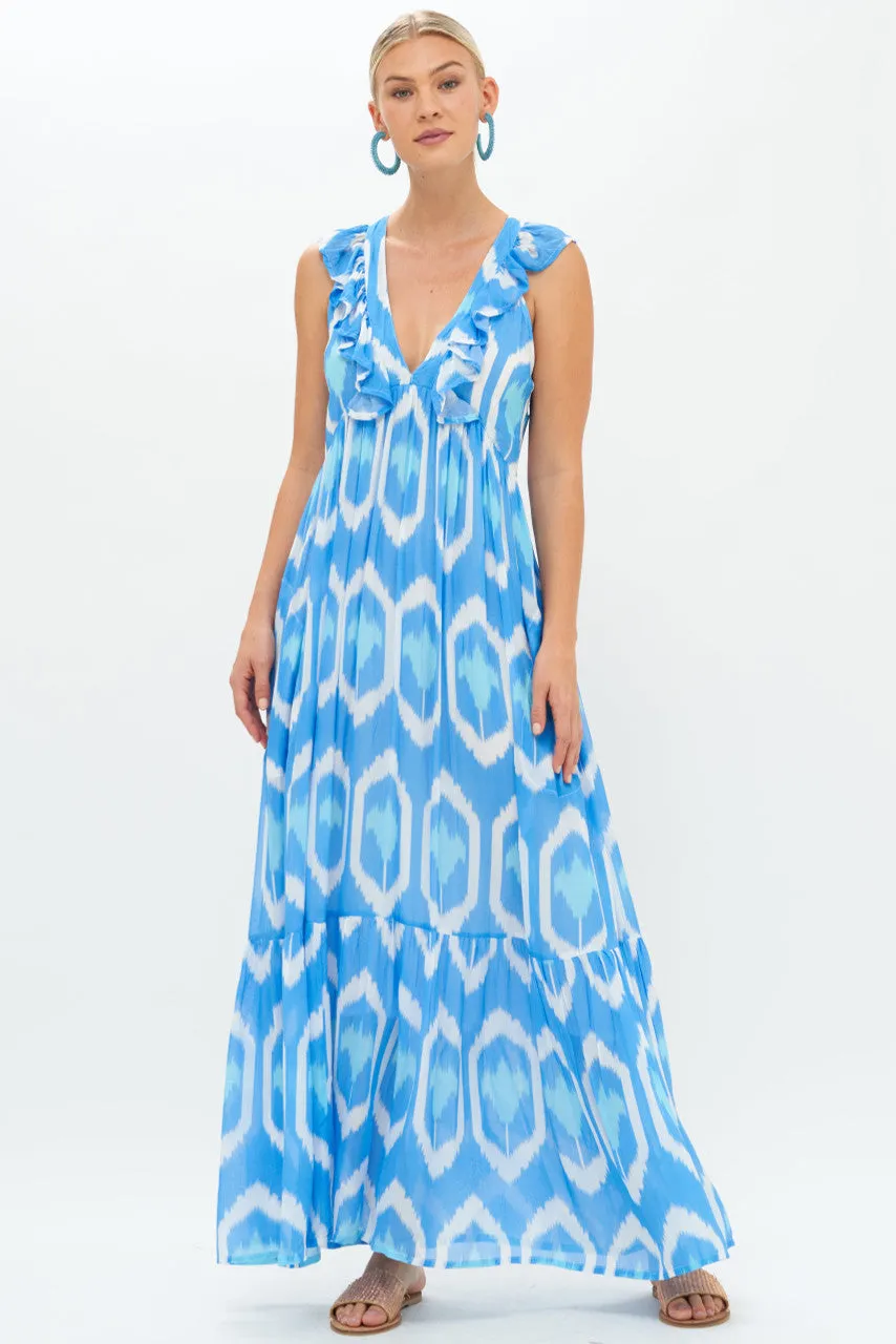 French Blue Ikat Ruffle V-Neck Maxi Dress