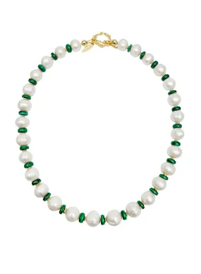 Freshwater Pearls with Green Malachite Beads Spacer Necklace LN042