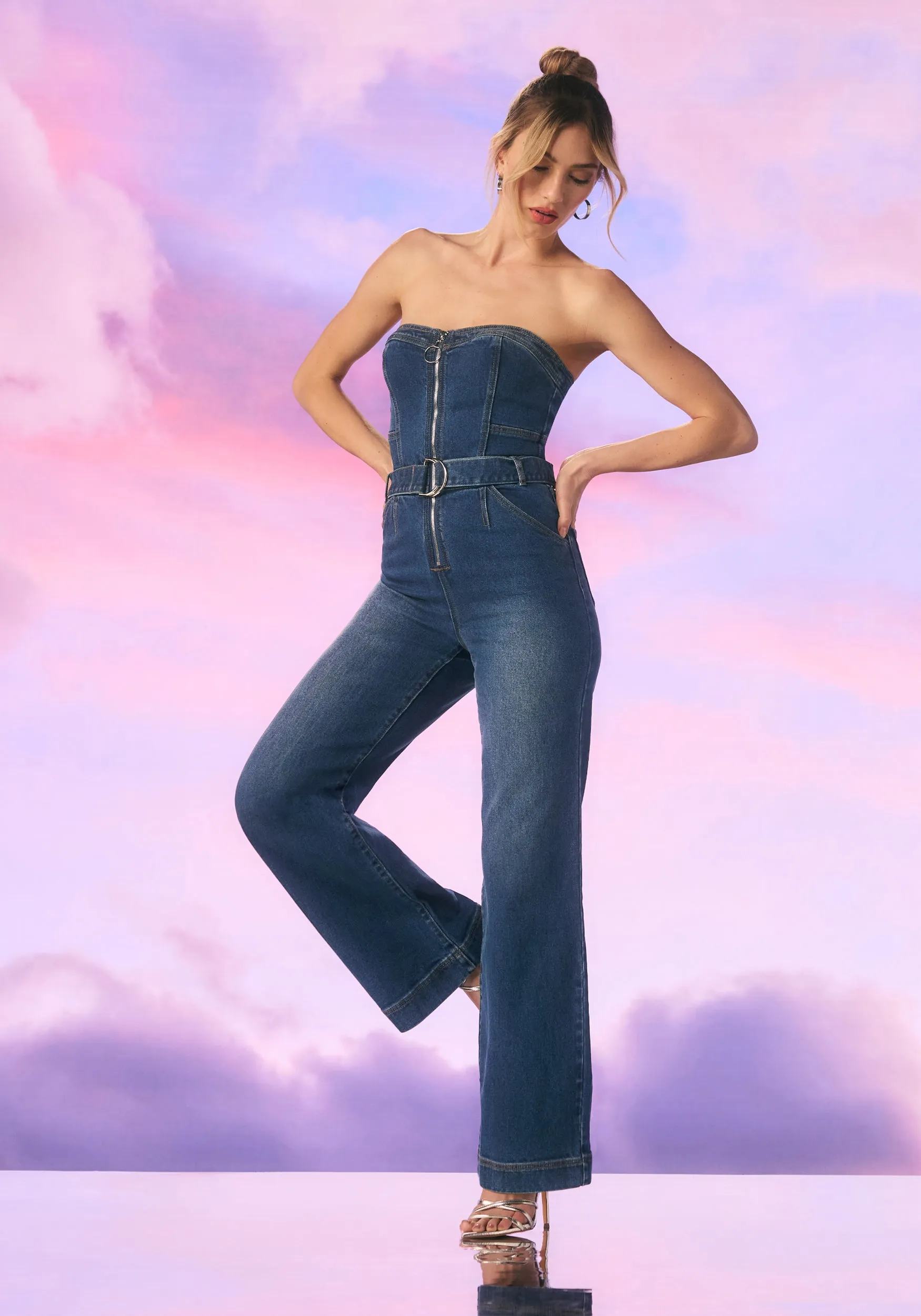 Front Zipper Wide Leg Denim Jumpsuit