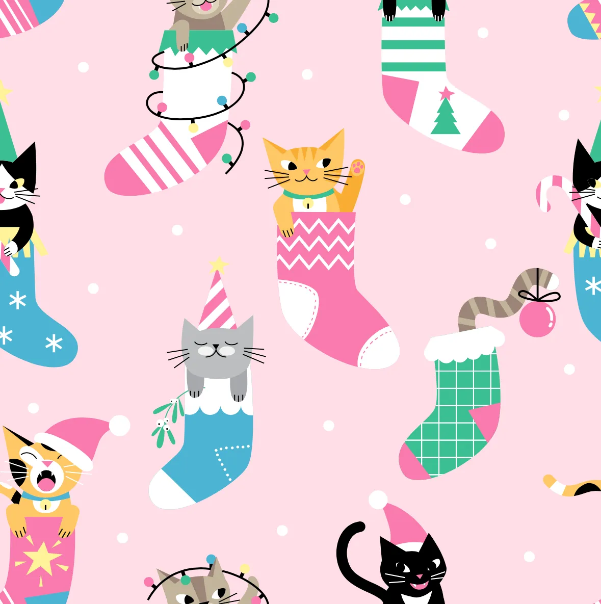 FS1070 Christmas Cats in Stockings Scuba Stretch Knit Fabric Pink