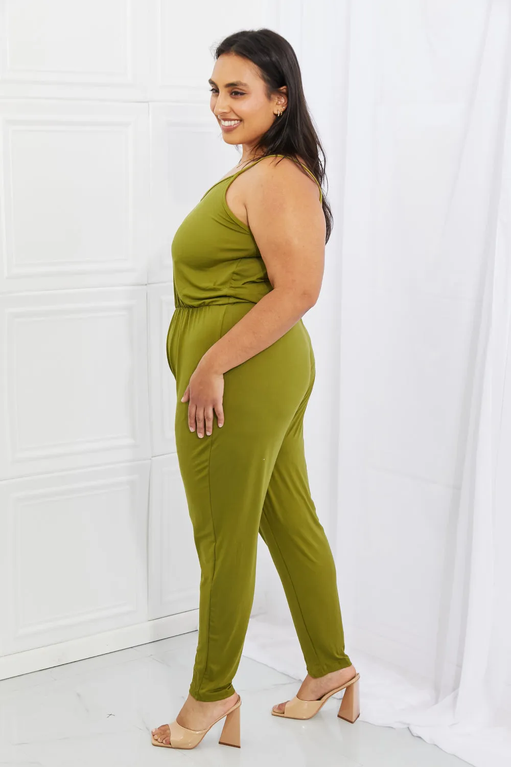 Full Size Solid Elastic Waistband Jumpsuit in Chartreuse