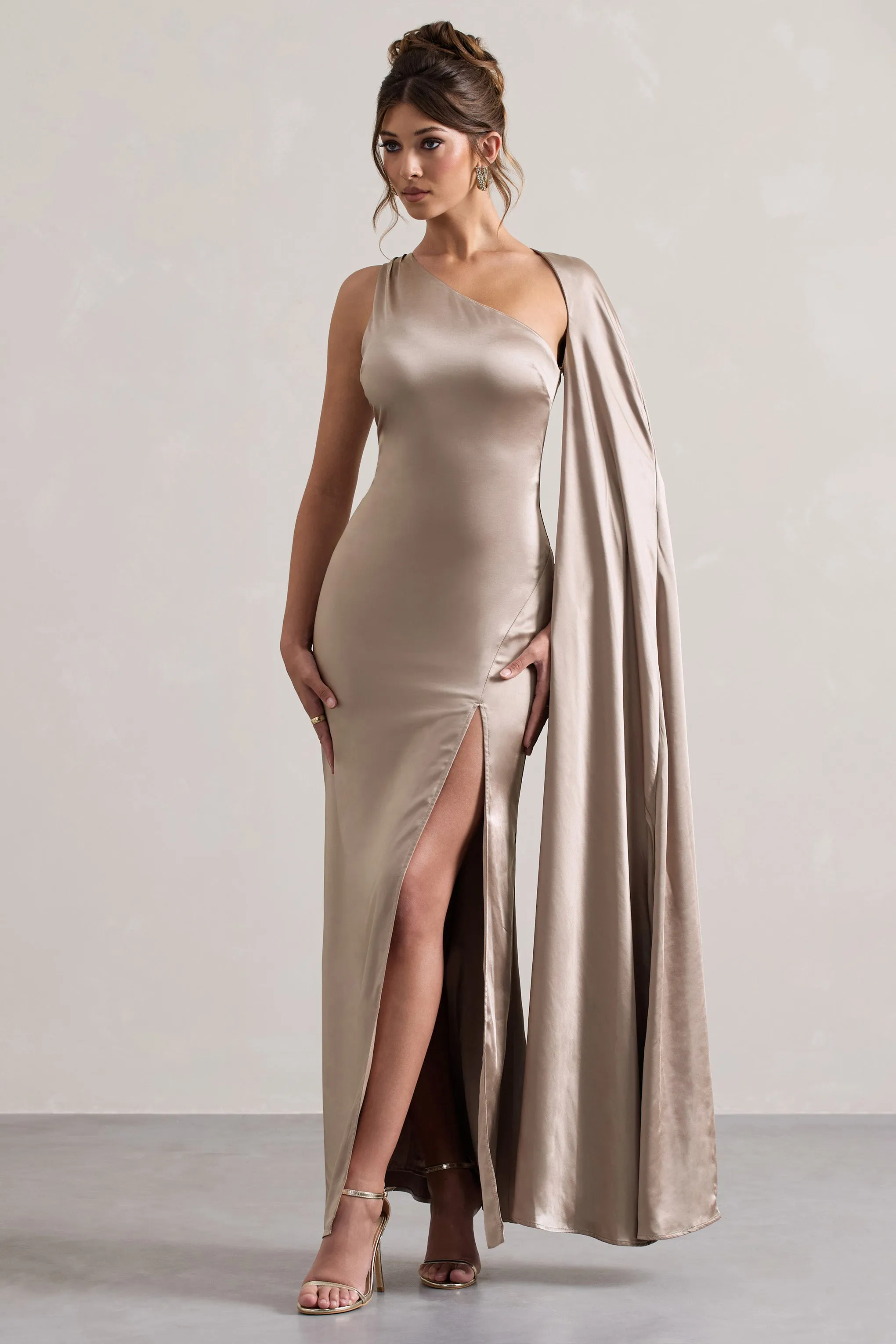 Gala | Taupe Satin One-Shoulder Cape Sleeve Split Maxi Dress