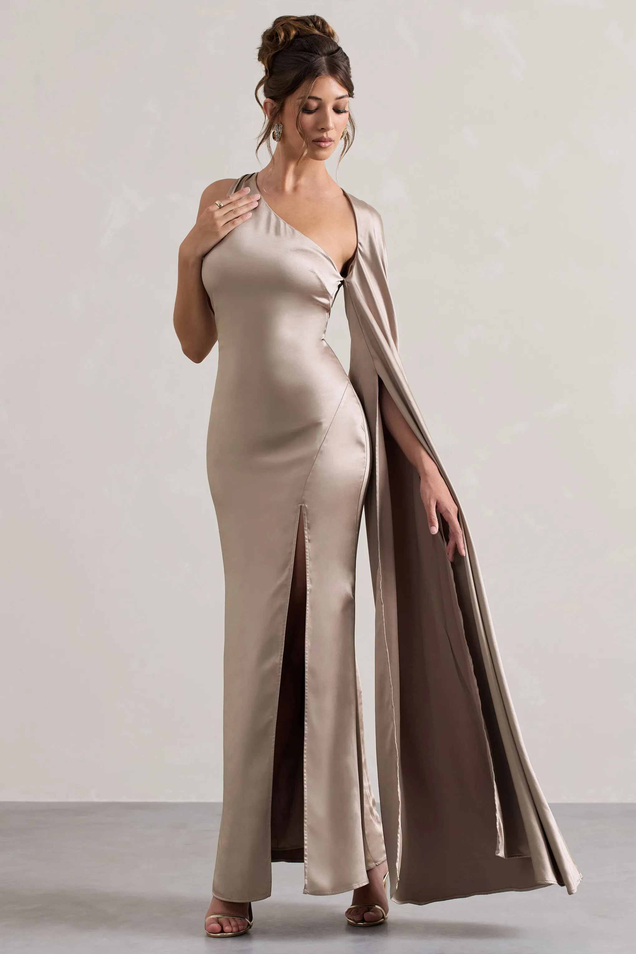 Gala | Taupe Satin One-Shoulder Cape Sleeve Split Maxi Dress