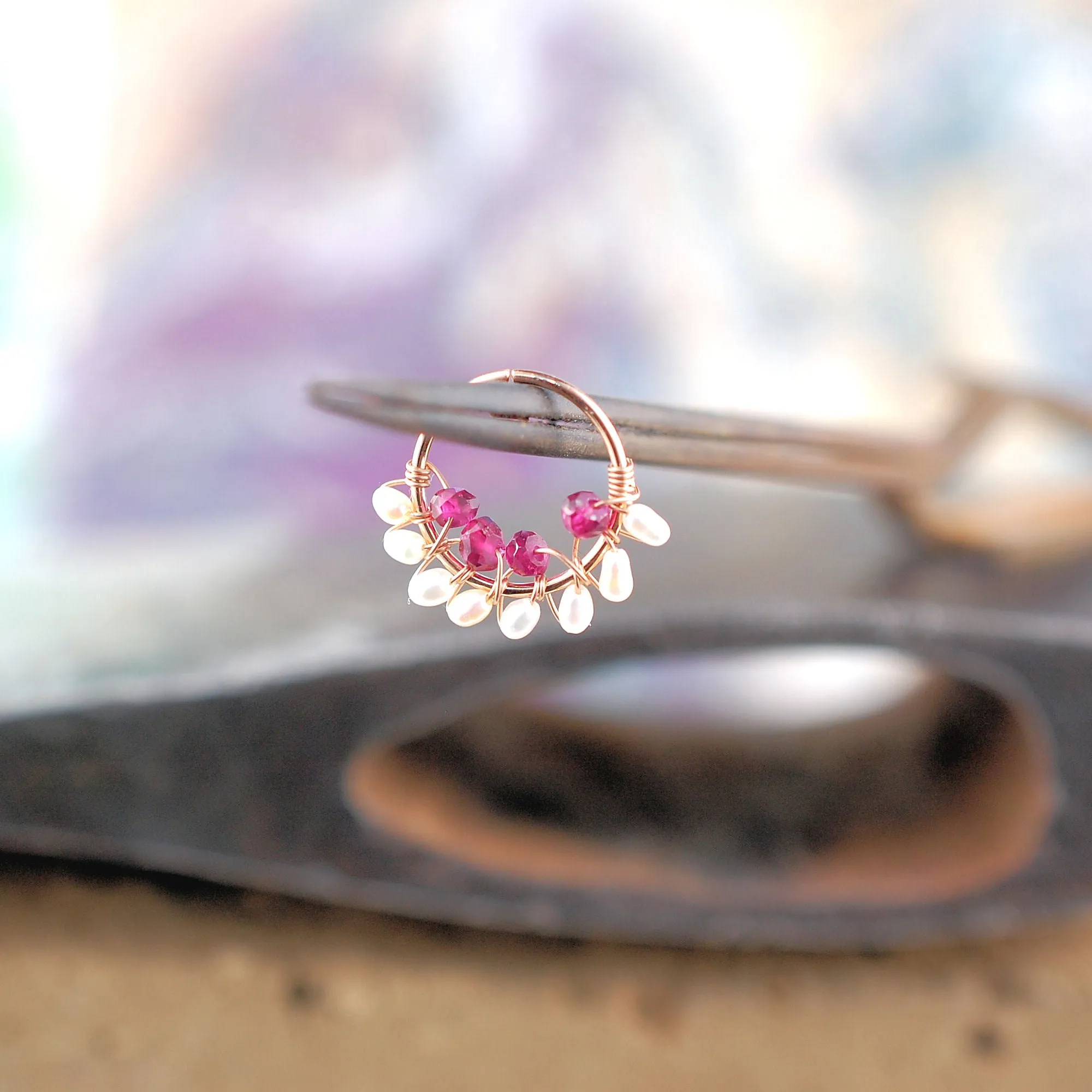 Garnet and Pearl Gold Nose Ring