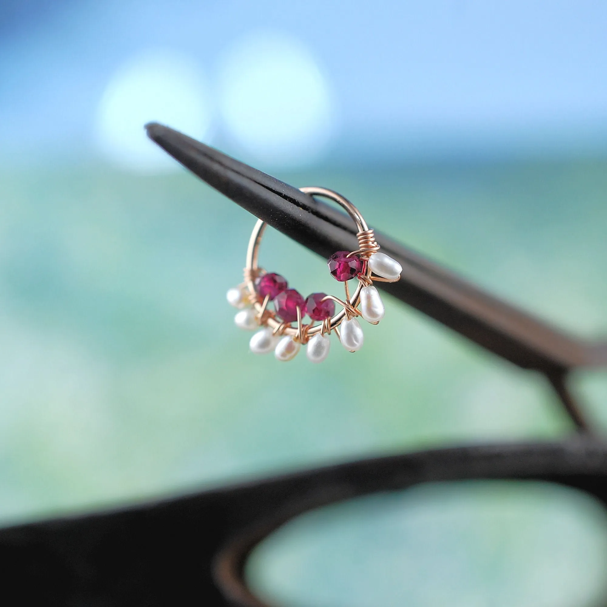 Garnet and Pearl Gold Nose Ring