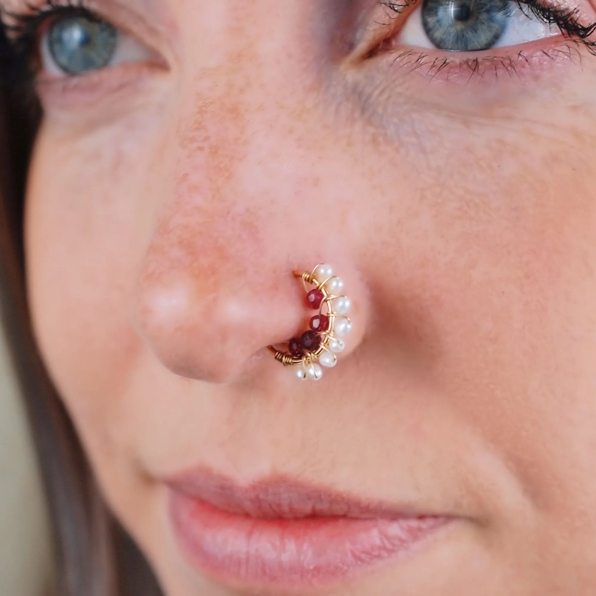 Garnet and Pearl Gold Nose Ring