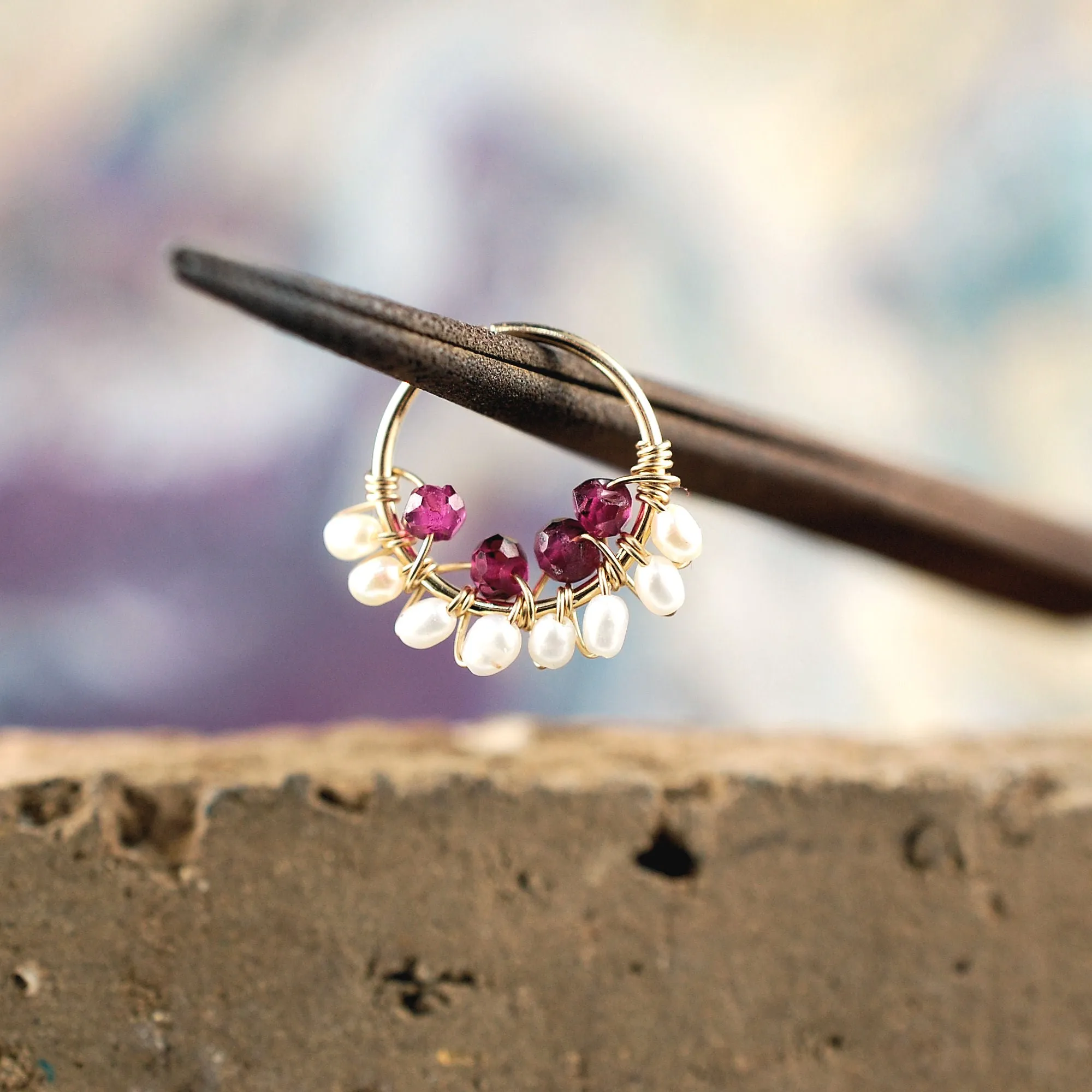 Garnet and Pearl Gold Nose Ring