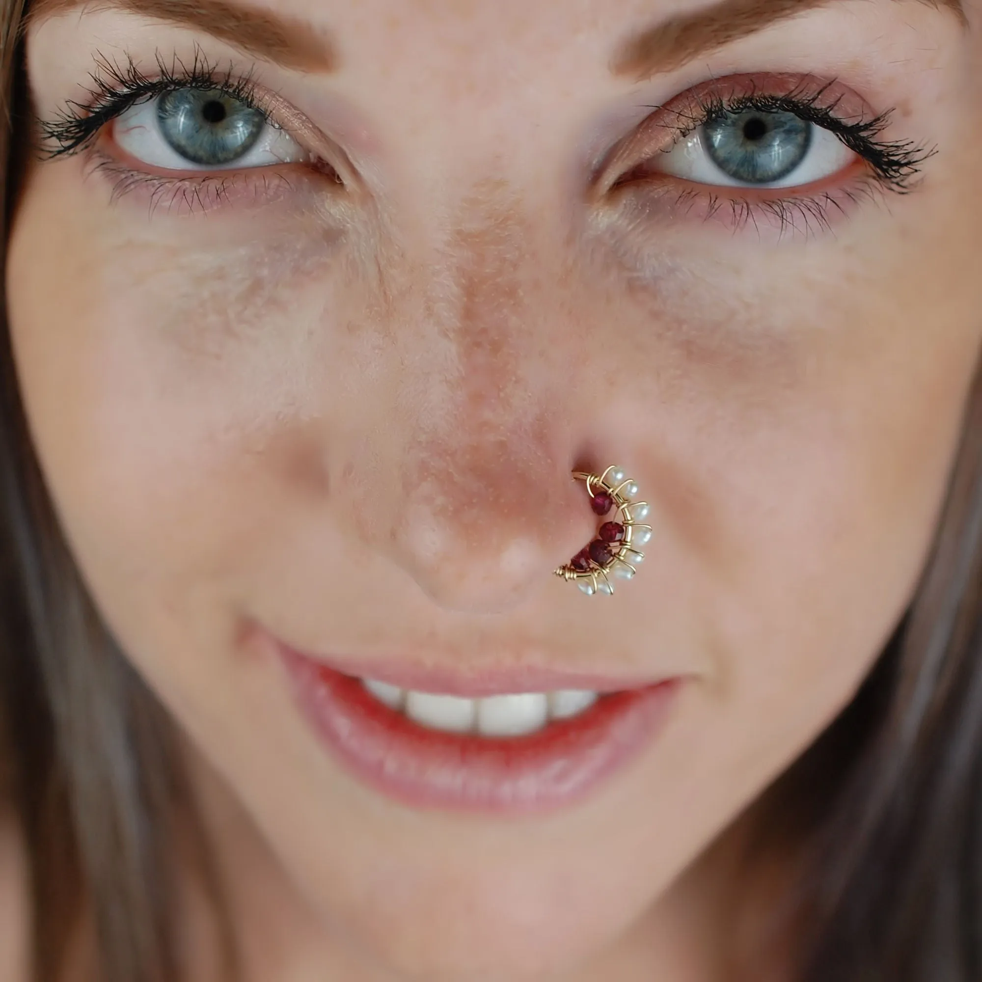 Garnet and Pearl Gold Nose Ring