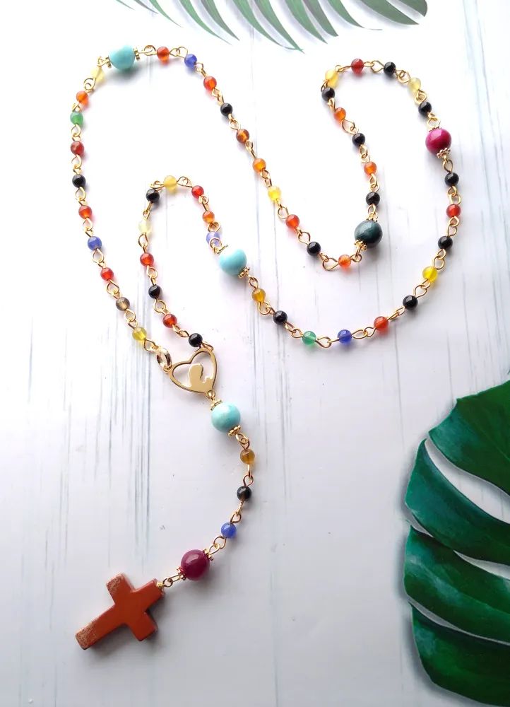 Gemstone Rosary with Red Jasper Cross Necklace