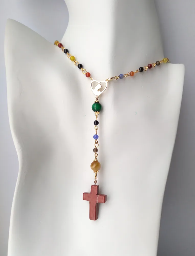 Gemstone Rosary with Red Jasper Cross Necklace